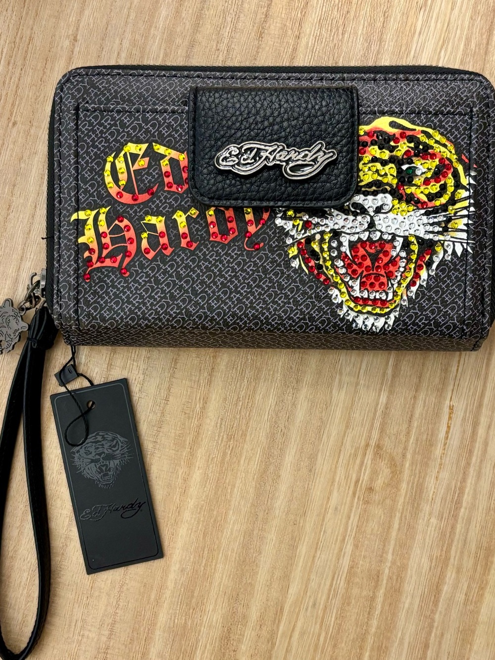 Ed Hardy Black Wristlet Wallet with Rhinestone Tiger Design